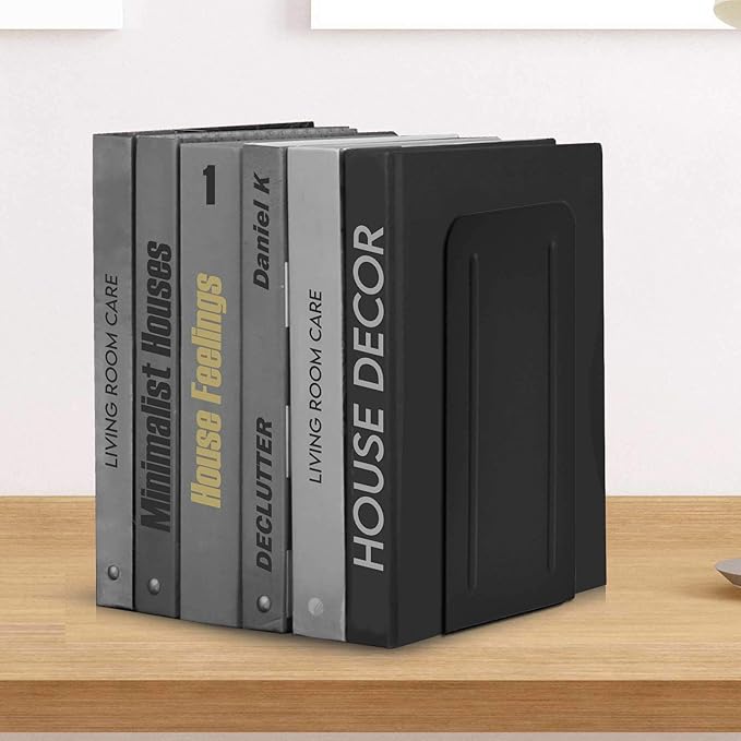 Acrimet Metal Bookends, Jumbo Size 9" H x 4" W x 4-1/2" D, Non-Skid Book Stand for Shelves, Heavy Duty Book Stopper, Black, 1 Pair-Ruum Studio Home