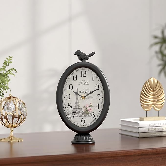 Vintage Table Clock with Bird, Desk and Shelf Decor Clock, French Paris Style, Antique Black Metal Mantel Clocks for Living Room, Farmhouse, Bedroom, Bedside, Gift (10" H x 5.9" W)-Ruum Studio Home