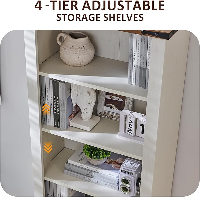 OKD 72'' Tall Bookshelf with Storage, Farmhouse 4 Tier Bookcase with Barn Door, Adjustable Shelves and Drawers, Rustic Wooden Office Bookshelves for Home Bedroom, Living Room, Library Antuique White-Ruum Studio Home