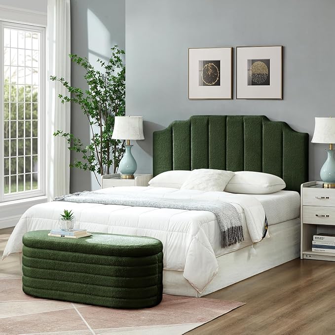 24KF Dark Green Teddy Fabric Tufted for Queen Upholstered Headboard, Modern Vertical Channel Design Full Headboard with Stepped Silhouette Top Edge, 6026-Q-Teddy Dark Green-Ruum Studio Home