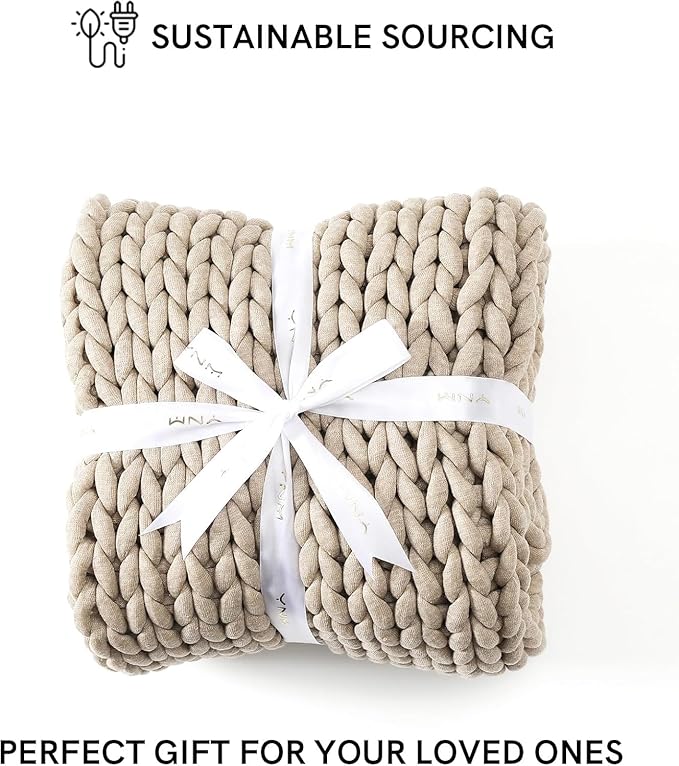 YnM Chunky Throw Blanket, Medium-Weight, Hand Knitted, Skin Friendly, Ventilated and Breathable, Machine Washable, Home Décor Piece for Couch, Sofa and Bed (Beige, 50x70 Inch)-Ruum Studio Home