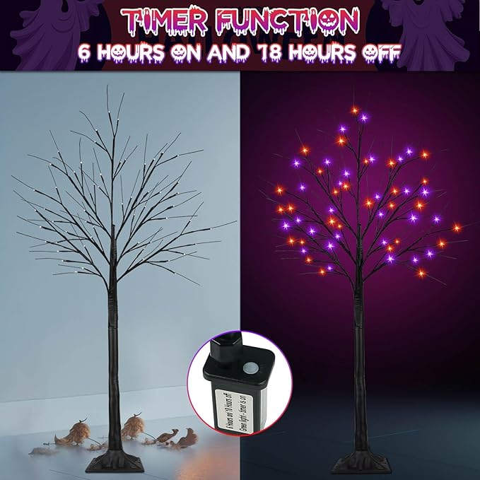 2Pack 5FT 200LED Black Halloween Tree Lights, Timer Function Lighted Black Trees with Purple and Orange Lights, Spooky Trees Light for Indoor Outdoor Halloween Decorations-Ruum Studio Home