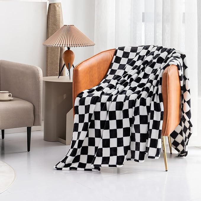 LOMAO Throw Blankets Flannel Blanket with Checkerboard Grid Pattern Soft Throw Blanket for Couch, Bed, Sofa Luxurious Warm and Cozy for All Seasons (Black, 50"x60")-Ruum Studio Home