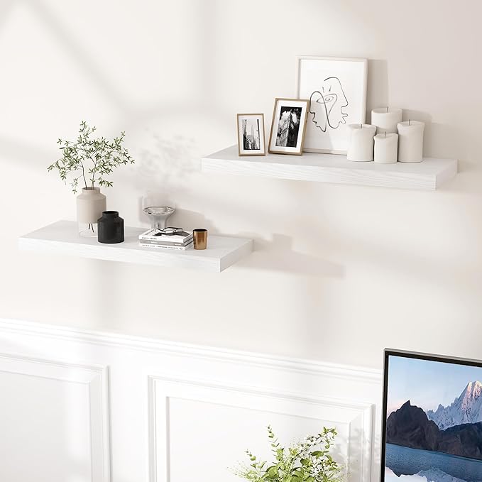 24 Inch Floating Shelves, Rustic 24 x 9 White Floating Shelf for Wall, White Bathroom Shelves Set of 2, Farmhouse Wood Wall Shelf for Bedroom, Kitchen, 9 Inch Deep Shelves for Home Storage-Ruum Studio Home