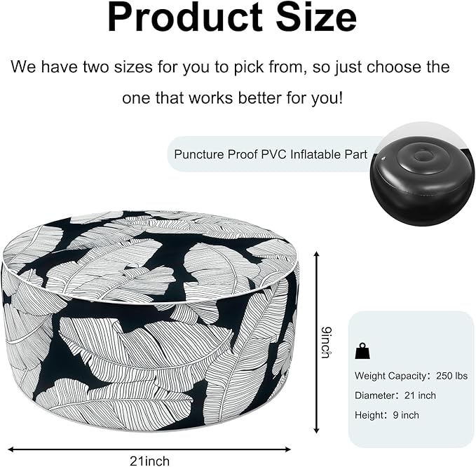 Inflatable Ottoman Stool D21 xH9 for Outdoor/Indoor Use, Water Repellent Patio Foot Rest Stool with Portable Handle,Round Pouf Ottoman Suitable for Garden,Deck and Camping - Black Leaves-Ruum Studio Home