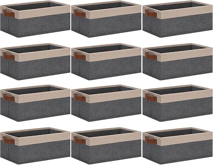 GhvyenntteS Small Fabric Storage Bins 12 Pack, 11.8" x 7.87" x 5.11" Storage Basket with Leather Handles, Closet Storage Bins for Shelves, Storage Baskets for Shelves, DVD Storage (Grey&Beige Yellow)-Ruum Studio Home