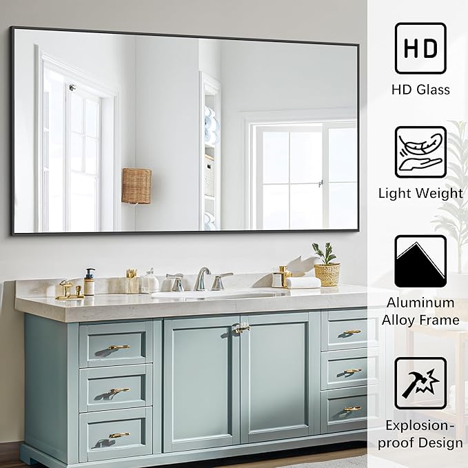 Black Bathroom Mirror for Wall, 30x48 Inch Rectangle Mirrors with Metal Frame, Modern Vanity Wall Mirror Decor for Bathroom Living Room, Entryway Hangs Horizontal or Vertical-Ruum Studio Home
