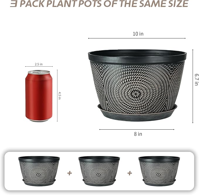 Quarut 10 Inch Flower Pots for Outdoor Indoor, 3 Pack Plastic Plant Pots with Drainage Hole & Tray, Modern Decorative Garden Pot with Saucer, planters for House (Black Copper)-Ruum Studio Home