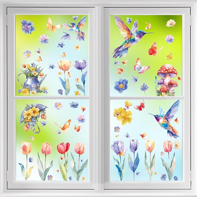 DC-BEAUTIFUL 116 PCS Spring Window Clings, 9 Sheets Double-Sided Hummingbird Butterfly Flower Easter Window Stickers, Reusable Static Floral Window Decals for Home School Office Party Decors-Ruum Studio Home
