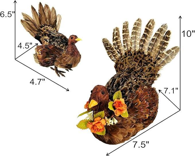naturevibe 10/6.5 Inches Feathered Turkey Decorations Set of 2,Realistic Mom n Baby Turkey Figurines with Real Feathers for Thanksgiving Decorations,Decorative Farm Animals as Fall Decor for Home-Ruum Studio Home