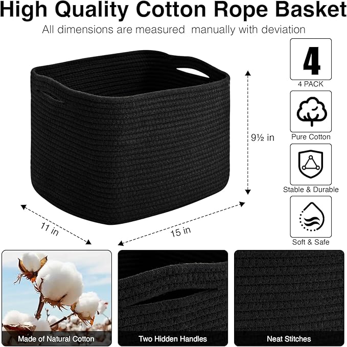 Storage Baskets for Organizing & Shelves, Woven Cotton Rope Organization Bins for Dog Toys, Clothes, Books, Nursery Organizer, 15" Lx11''Wx9.5''H, (4 Packs) Black-Ruum Studio Home