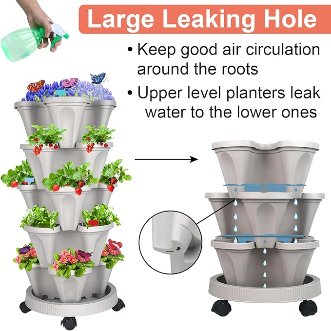 Vertical Planter, 5 Tier Stackable Strawberry Planter with Garden Tool Set, Movable Indoor/Outdoor Garden Herb Pot for Growing Vegetables and Succulents, Gray-Ruum Studio Home