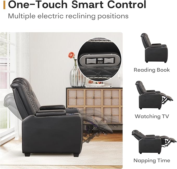ANJ Power Home Theater Seating Set of 2, PU Leather Electric Recliner Chair with Powered Headrest, Dual Motors Movie Reclining Chairs with LED Lights,USB Port, Cup Holders, Hidden Arm Storage (Black)-Ruum Studio Home