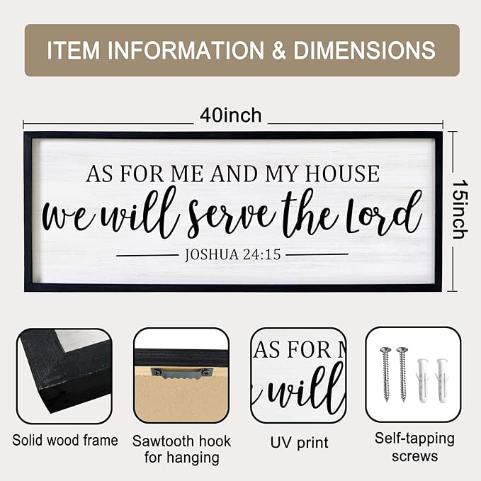 As For Me And My House We Will Serve The Lord Framed Wall Art, 40''×15'' Vintage Positive Religious Bible Verse for Christian God Jesus Christ Prayer, Rustic Long Holy Catholic Scripture Decor-Ruum Studio Home