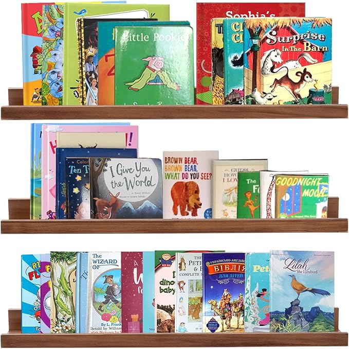 AZSKY Floating Photo Shelves Fair Light Walnut 24 Inch Picture Ledge for Storage Wall Book Shelves Hanging Picture Photo Frame Ledge Shelves with Lip a Set of 3 Same Sizes Kitchen Spice Rack-Ruum Studio Home