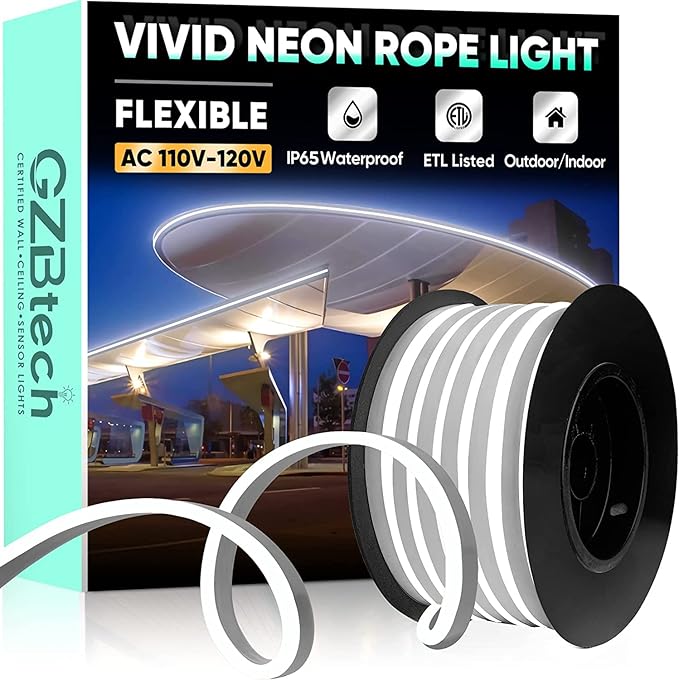 GZBtech Flexible LED Neon Rope Lights 33FT,AC 110-120V Waterproof Strip Light, 120 LEDs/M Cuttable Connectable Neon Lighting for Indoor Outdoor Home Decor/Commercial Building Use-Cold White 10M-Ruum Studio Home