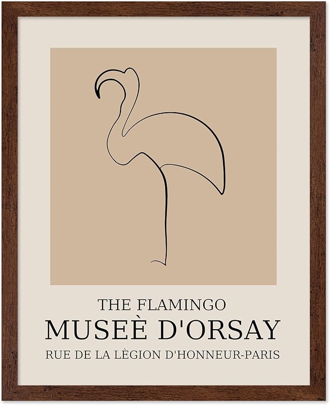 Poster Master Vintage Poster - Retro Minimalist Print - Gift for Artist, Housewarming - Flamingo, Line Drawing, Sketch, Abstract - Wall Decor for Living Room, Bedroom, 11x14 Brown Framed-Ruum Studio Home