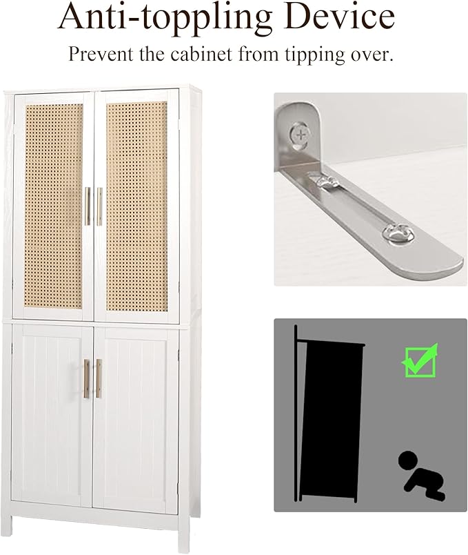 MISHAO 71" Kitchen Pantry Storage Cabinet, Tall Storage Cabinet with Rattan Doors & Adjustable Shelves, Freestanding Cupboard Wood Pantry for Kitchen, Living Room, Dining Room Hallway, White-Ruum Studio Home