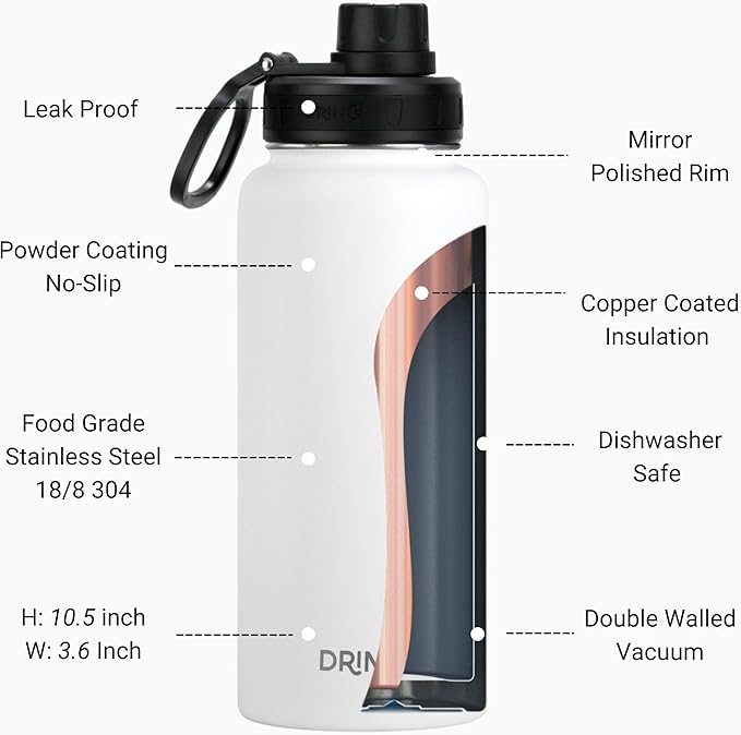 DRINCO Stainless Steel Water Bottle Spout Lid Vacuum Insulated Double Wall Water Bottle Wide Mouth (40oz 32oz 22oz 18oz 14oz) Leak Proof Keeps Cold or Hot (32 oz, 32oz Artic White)-Ruum Studio Home