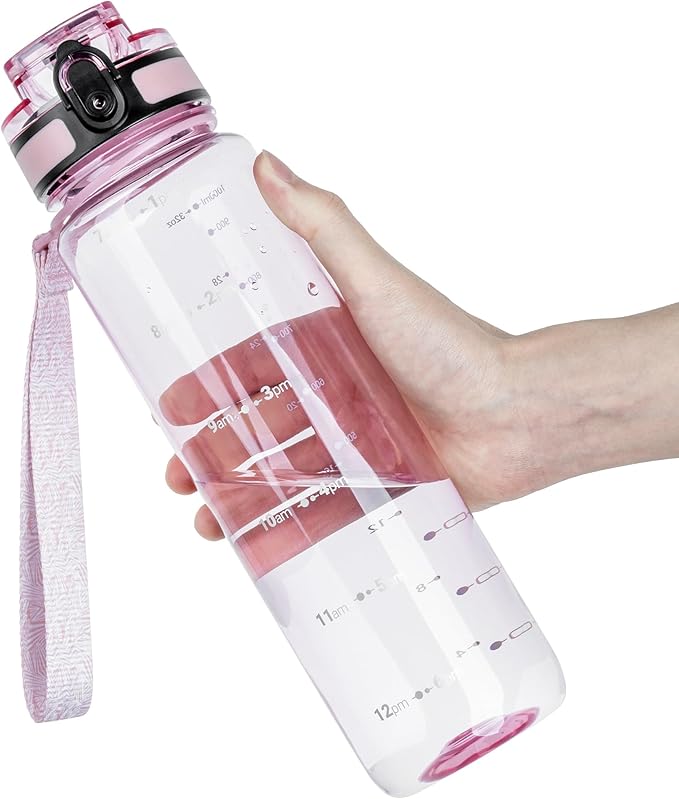 OLDLEY 32 oz Water Bottle, Motivational Water Bottle with Time Marker, Sports Water Bottle With Strap, Leakproof & BPA Free Large Water Bottles for School, Gym, Travel, Tritan, Transparent Pink-Ruum Studio Home