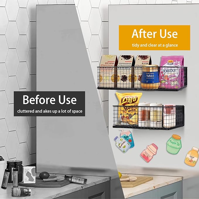 Magnetic Basket, Magnetic Shelf for Fridge,Magnetic Spice Rack Wire Mesh Magnetic Organizer Holder Accessories for Office Kitchen Classroom Storage, Black-High, Large x1&Small x1 Set of 2-Ruum Studio Home
