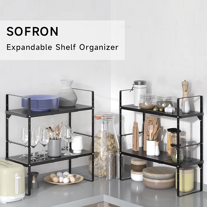 Expandable Cabinet Storage Shelf Stackable Organizer Rack for Kitchen Bathroom Pantry Spice Cupboard Coffee Countertop Home Office Desk Heavy Duty Nonslip Black Small 2 Packs-Ruum Studio Home