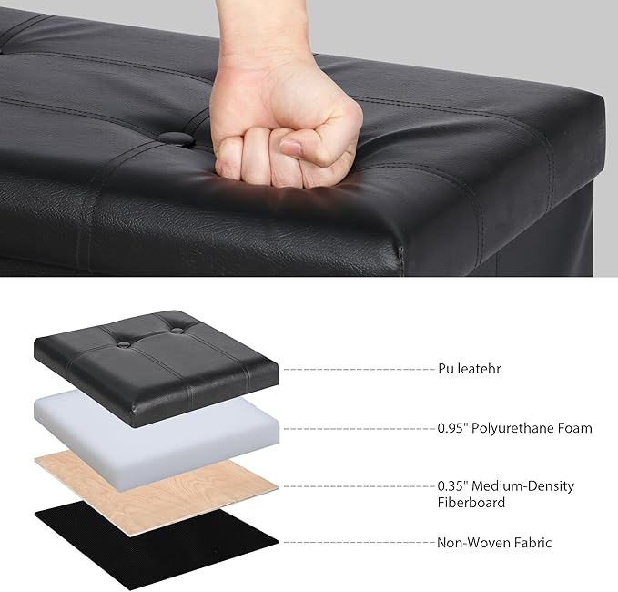 SUPER DEAL 43 Inch Folding Storage Ottoman Bench, Faux Leather Storage Chest Shoes Bench with Divider Padded Seat Couch Footrest for Bedroom Entryway, 660 lbs Capacity 43"x 15"x 15", Black-Ruum Studio Home
