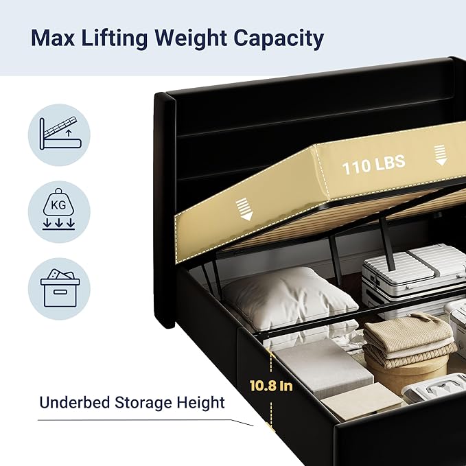 Allewie Full Size Velvet Lift Up Storage Bed, Modern Wingback Headboard, Hydraulic Support, No Box Spring Needed, Black-Ruum Studio Home