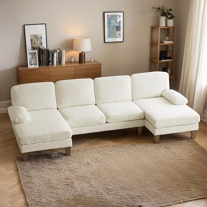 Karl home U-Shape Sectional Sofa Couch 111" Modern 4-Seat Sofa with Chaises Chenille Fabric Upholstered Covertible Couch with Wood Grain Legs for Living Room, Reception Room, Apartment, Beige-Ruum Studio Home