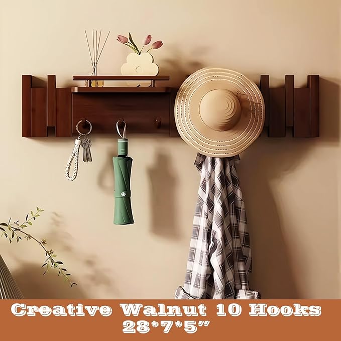 Wall Mounted Piano Key Hanger | Flip Style Hook | Entrance Wall Art Hook, Made of Oak Wood (3 Times Painted, 4 Times Polished) (Fence Walnut, 10Hooks)-Ruum Studio Home