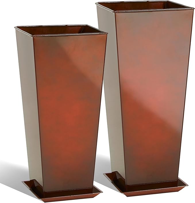 KOL 25'' & 28'' Tall Galvanized Steel Metal Glazed Planter with Insert, Set of 2, Metal Planter Pots for Indoor & Outdoor Use, Decorative Flower Plant Pots for Front Porch, Patio, Deck - Brown-Ruum Studio Home