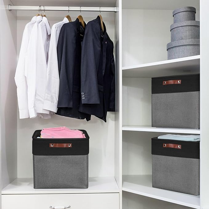 13x13 Cube Storage Bins, Collapsible Fabric Storage Box, 4 Pack Closet Baskets with Handles for Organizing, Shelf, Toys, Clothes, Home, Office, Nursery (Grey&Black)-Ruum Studio Home