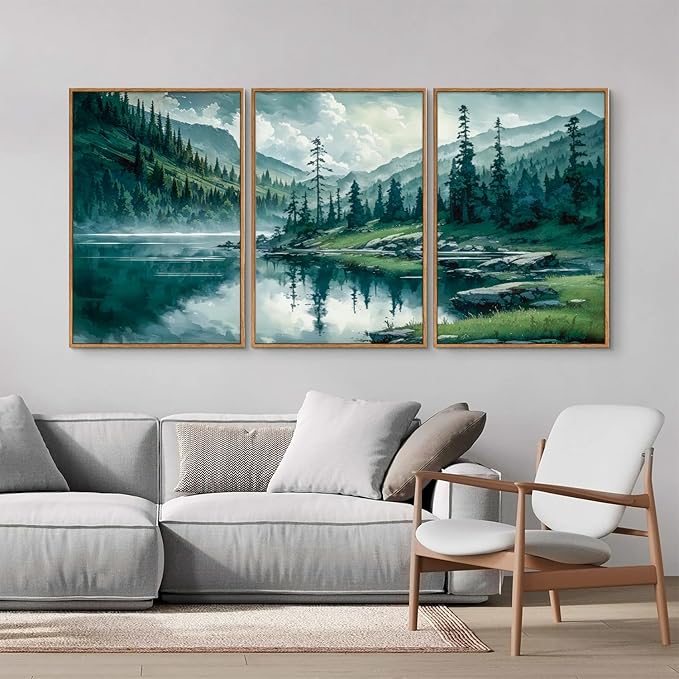 Tinonedraw Large Nature Forest Framed Canvas Wall Art Set, Boho Mountains Calming Lake Wall Decor, Green Pine Trees Artwork, Northern Wilderness Art Painting for Living Room Bedroom Office 16"x24"x3-Ruum Studio Home