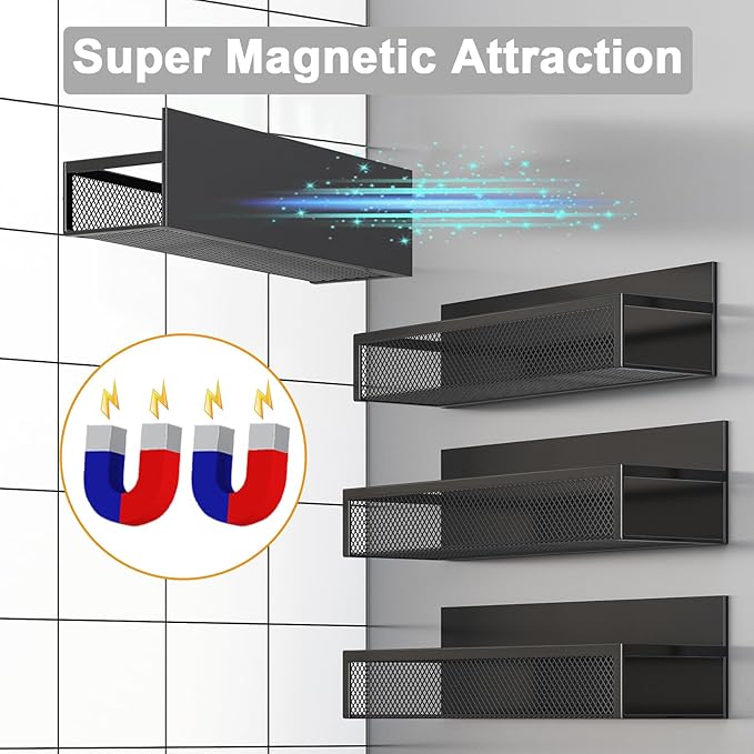 Magnetic Spice Rack for Refrigerator, 4 Pack Magnetic Shelf, Fridge Magnet Organizer with Moveable 8 Hooks, Magnetic Fridge Shelf for Kitchen Organization and Storage (4 Pack)-Ruum Studio Home