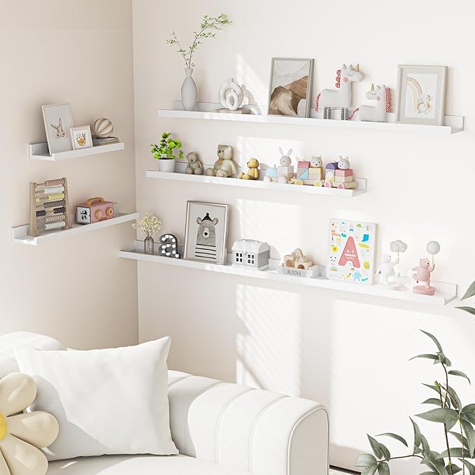 Heimlove Picture Ledge Shelf, Floating Shelves Set of 2, 24 Inches Picture Shelf for Wall with Ledge, Kids Bookshelf Wall Mounted for Living Room Bedroom Decor Books Photo Frames - White-Ruum Studio Home