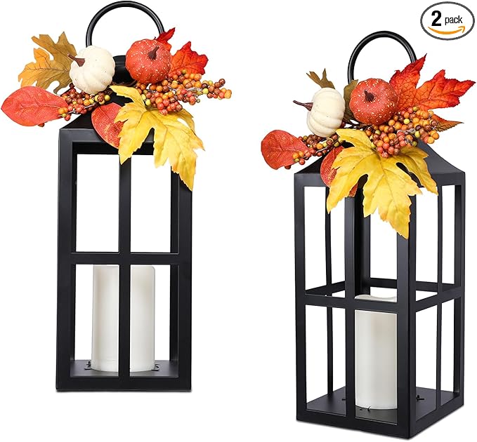 Fall Decorative Lanterns Outdoor, Waterproof 17.7" Decorative Lantern Indoor Decor Metal Hanging Candle Holder LED Flameless Candle Lantern for Patio, Porch, 2 Packs-Ruum Studio Home