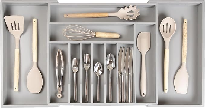 Premium Silverware, Flatware and Utensil Organizer for Kitchen Drawers, Food-Safe Contract Grade, Expandable from 18 to 33 In, Gray Bamboo-Ruum Studio Home