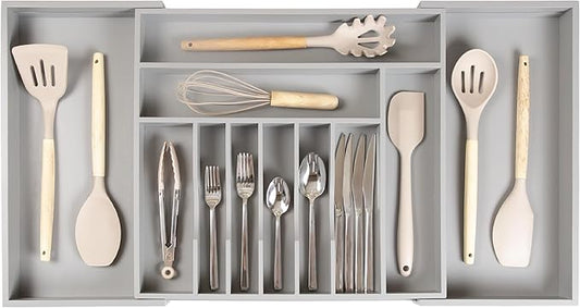 Premium Silverware, Flatware and Utensil Organizer for Kitchen Drawers, Food-Safe Contract Grade, Expandable from 18 to 33 In, Gray Bamboo-Ruum Studio Home