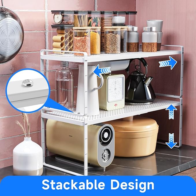 Expandable Cabinet Shelf Organizers, Kitchen Small Stand Rack Organization for Countertop Cupborad Pantry, White 1 Pack-Ruum Studio Home