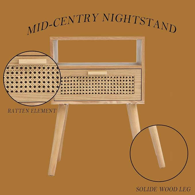 MaxSmeo Bedside Table, Small Nightstand with Charging Station, Rattan Side Table Wood End Table for Living Room, Bedroom and Small Spaces, Mid Century Modern Nightstand, Easy Assembly (Natural)-Ruum Studio Home