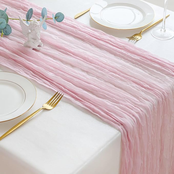 Sioloc 1 Pack Light Pink Cheesecloth Table Runner Fall Autumn Decor for 10ft(35" x120" ) Table Cloth for Tea Wedding Birthday Party Baby Bridal Shower Halloween Thanksgiving-Ruum Studio Home