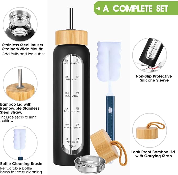 32 oz Glass Water Bottle with Straw - Motivational Time Marker & Silicone Sleeve - Reusable Tumbler Includes 2 Bamboo Lids & Fruit Infuser - 1 Pack-Ruum Studio Home