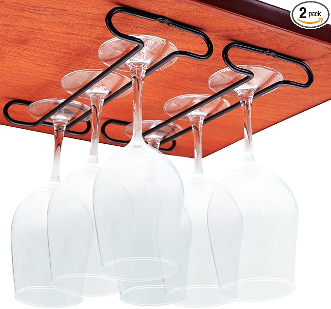 Wine Glass Rack Under Cabinet Shelf Glasses Holder Storage with Drying Stemware Rack Under Counter Metal Hanger Hanging Rack for Kitchen Black-Ruum Studio Home