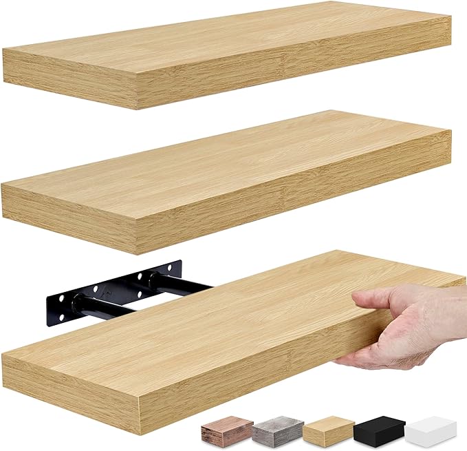 Sorbus Floating Shelves for Wall, Bathroom Shelves Wall Mounted for Kitchen, Bedroom, Bathroom Storage Over Toilet, Hanging Book Shelf for Wall Home Decor Living Room (Maple Wood, 3 Pack)-Ruum Studio Home