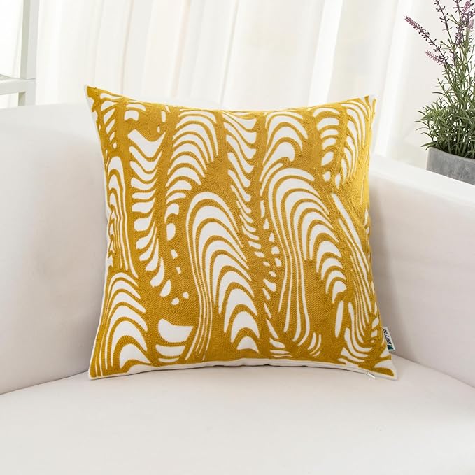 HWY 50 Yellow Decorative Throw Pillow Covers 18x18 Inch (1 Piece), Embroidered Cotton Farmhouse Cushion Cover Pillow Case for Sofa Couch Living Room Bed, Texture-Ruum Studio Home