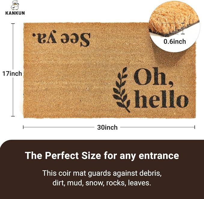 KANKUN Coco Coir Door Mat with Heavy Duty Backing, Welcome Doormat (17" x 30"), Doormat Entrance (Oh Hello)-Ruum Studio Home