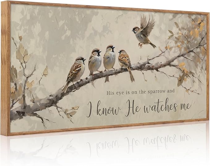 Aurlan His Eye is on the Sparrow Christian Wall Art Framed(40"x20"), Vintage Neutral Birds on Tree Branch Nature Canvas Artwork, Religious Faith Gift Bible Verse Scripture Print Decor for Home Office Bedroom-Ruum Studio Home