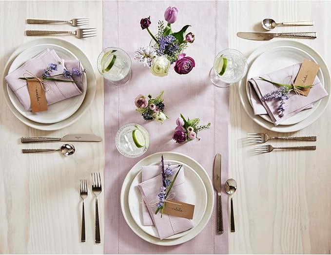 Solino Home Linen Lilac Table Runner 72 Inches Long - 100% Pure Linen Hemstitch Table Runner 14 x 72 Inch for Dresser, Dining - Classic Hemstitch-Ruum Studio Home