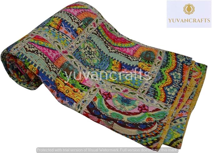 YUVANCRAFTS Patchwork Cotton Kantha Quilt - Indian Traditional Handmade Bedding Vintage Multi Color Quilt Blanket (Queen (90"x108"), Multi Patch 1)-Ruum Studio Home