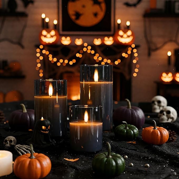 Homemory Grey Glass Flameless Candles, Battery Operated LED Pillar Candles with Remote Control and Timer, Radiance Candles, Real Wax, Set of 3,D3 xH4 5" 6"-Ruum Studio Home